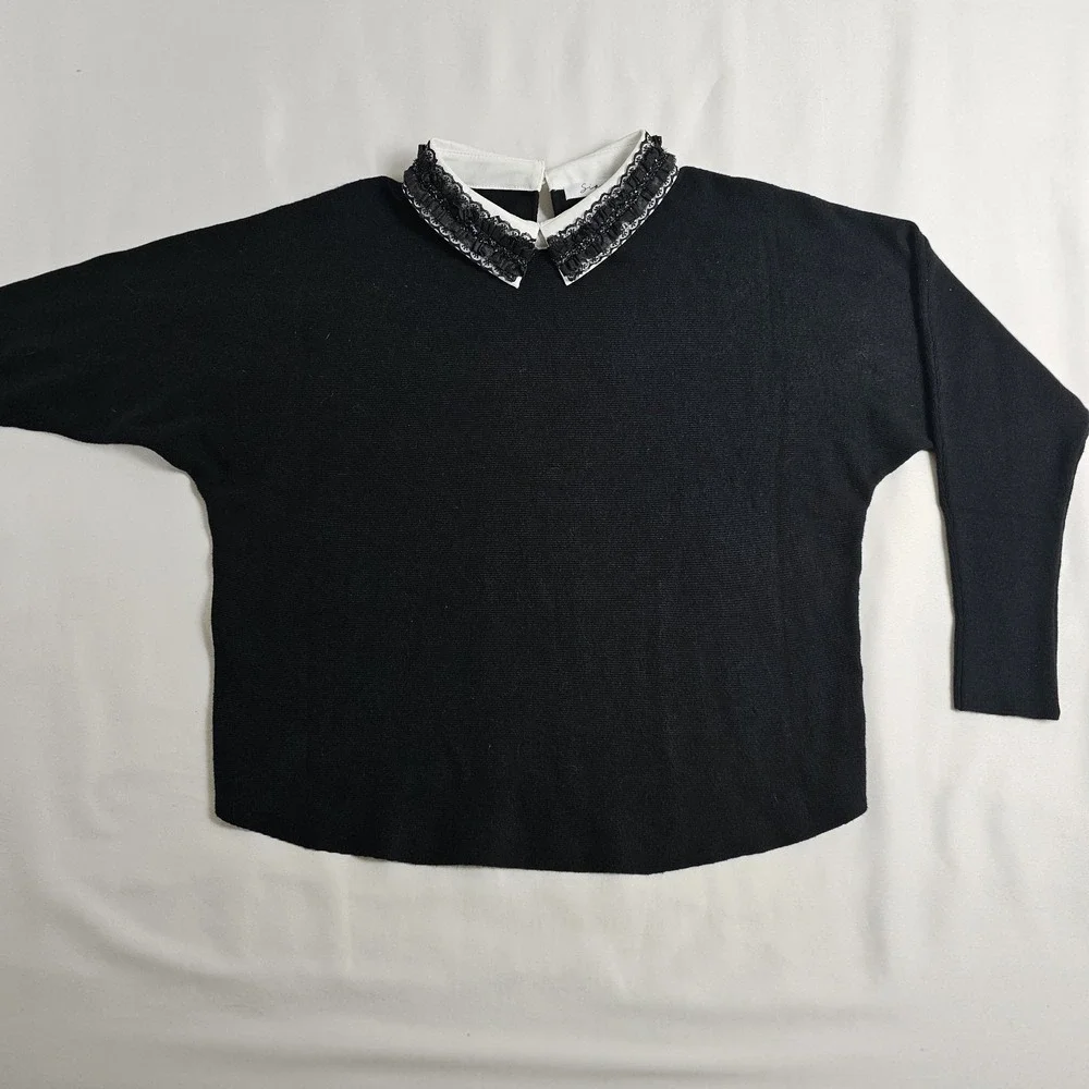 Siani Black‎ Preppy Goth Wednesday Sweater White Collar Black Lace Size L